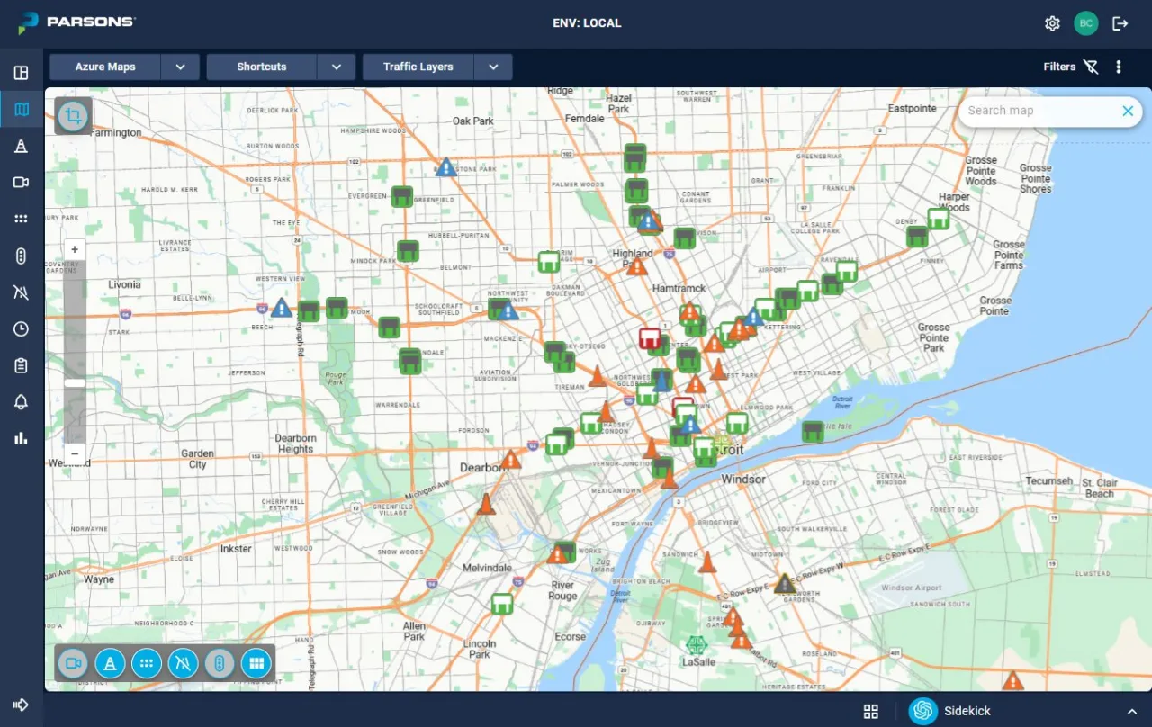 iNET® Asset Guardian dashboard showing GIS-mapped roadway assets, traffic layers, and asset conditions